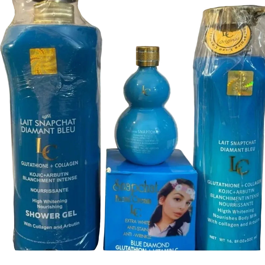 4  PCS. SET LAIT SNAPCHAT DIAMANT BLEU DIAMANT BLEU SET BLUE COLOR, FACE CREAM, LOTION, SERUM & 1000 ml SHOWER GEL