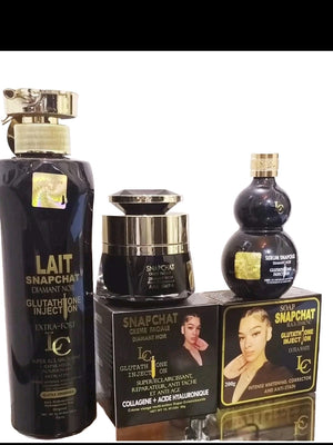 4PCS. SET LAIT SNAPCHAT DIAMANT NOIR GLUTATHIONE INJECTION EXTRA FORT. LOTION, SERUM, FACE CREAM & 1000 ml SHOWER GEL